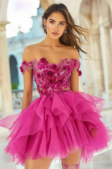 Robe de bal fuchsia à épaules dénudées avec fleurs 3D